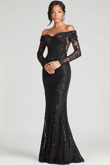 ZAPAKA Women Black Formal Dress Sheath Off The Shoulder Long Sleeves Mesh And Lace Long Formal Wear Dress